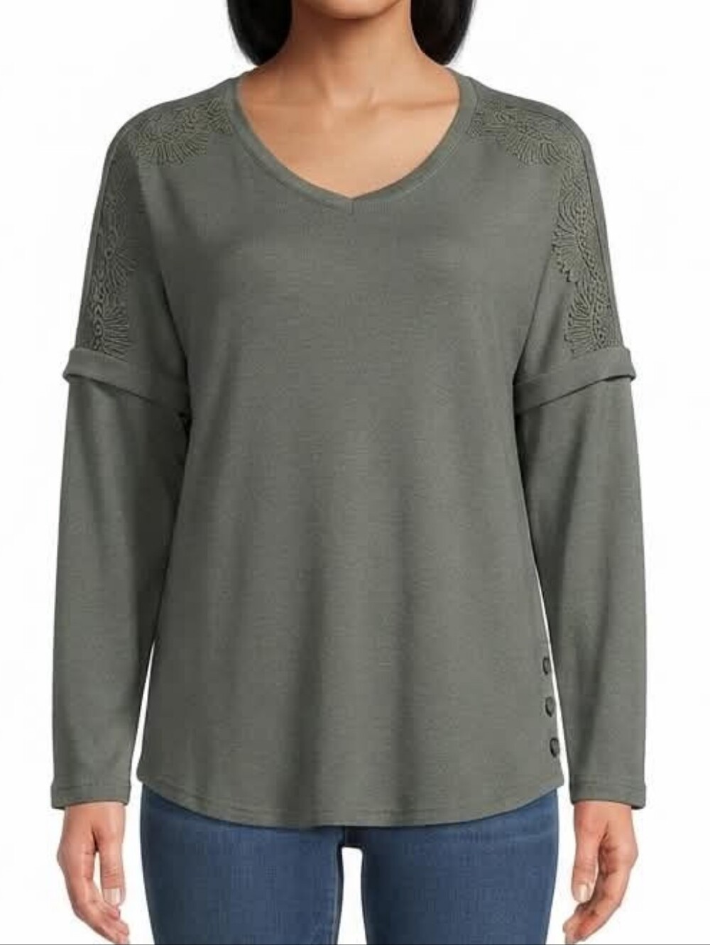 Tint & Shadow Green Lace-Trim Long Sleeve Pullover Size Large Petite PL